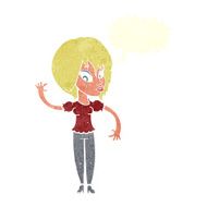 cartoon woman waving with speech bubble N324
