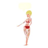 cartoon bikini girl covered in tattoos with speech bubble N9