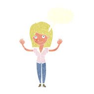 cartoon woman holding up hands with speech bubble N19