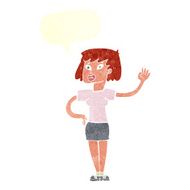 cartoon woman waving with speech bubble N328