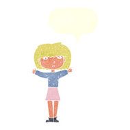 cartoon woman raising arms in air with speech bubble N10