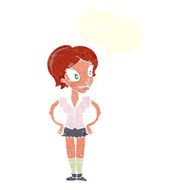 cartoon happy woman in short skirt with speech bubble N6