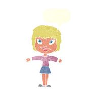 cartoon woman with open amrs speech bubble N10