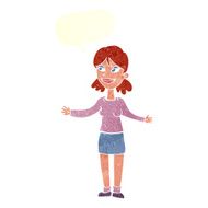 cartoon happy woman shrugging shoulders with speech bubble N20