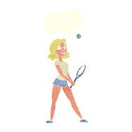 cartoon woman playing tennis with speech bubble N9