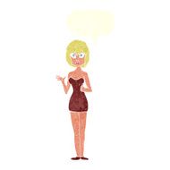 cartoon confused woman in cocktail dress with speech bubble N10