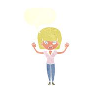 cartoon woman with raised hands speech bubble N10
