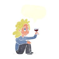 cartoon unhappy woman with glass of wine speech bubble N9