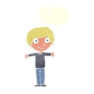 cartoon happy boy with open arms speech bubble N17