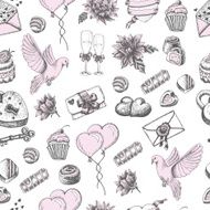 Vector seamless pattern with hand drawn wedding elements on white