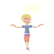 cartoon woman making open arm gesture with speech bubble N10
