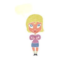 cartoon woman gesturing at self with speech bubble N29