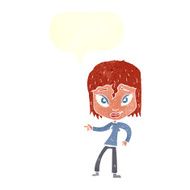 cartoon relaxed woman pointing with speech bubble N10