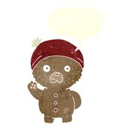 cartoon waving teddy bear in winter hat with speech bubble N2