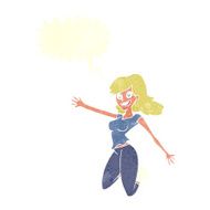 cartoon jumping woman with speech bubble N10