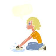 cartoon woman scrubbing floor with speech bubble N9