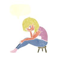 cartoon woman sitting on small stool with speech bubble N10
