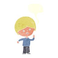 cartoon unhappy boy giving peace sign with speech bubble N10