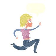 cartoon woman running and pointing with speech bubble N10