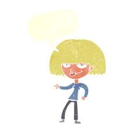 cartoon happy woman pointing with speech bubble N69