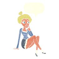 cartoon attractive woman sitting thinking with speech bubble N9