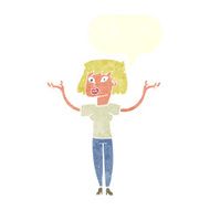 cartoon woman holding up hands with speech bubble N20