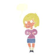 cartoon woman making Who Me? gesture with speech bubble N46