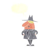 cartoon man in coat and hat with speech bubble N9