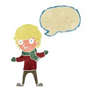 cartoon boy in winter clothes with speech bubble N10
