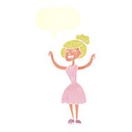 cartoon woman with raised arms speech bubble N10