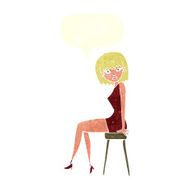 cartoon woman sitting on stool with speech bubble N19