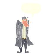 cartoon man in hat and trench coat with speech bubble N9