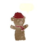 cartoon teddy bear in hat and scarf with speech bubble N2