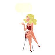 cartoon woman sitting on bar stool with speech bubble N19