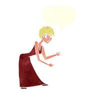 cartoon woman in dress gesturing with speech bubble N10