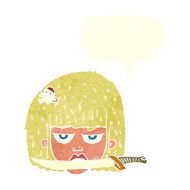 cartoon woman holding knife between teeth with speech bubble N10
