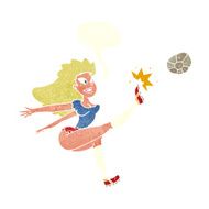 cartoon female soccer player kicking ball with speech bubble N10
