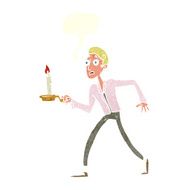cartoon frightened man walking with candlestick speech bubb N9