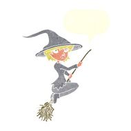 cartoon witch riding broomstick with speech bubble N20