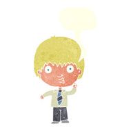 cartoon school boy answering question with speech bubble N49