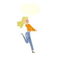 cartoon happy girl kicking out leg with speech bubble N9