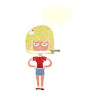cartoon woman with knife between teeth speech bubble N37