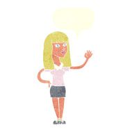 cartoon pretty woman waving with speech bubble N88