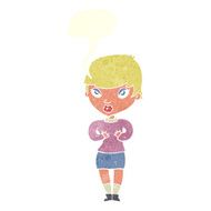 cartoon woman gesturing at self with speech bubble N30