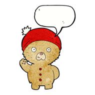 cartoon waving teddy bear in winter hat with speech bubble N3