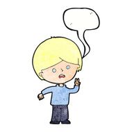 cartoon unhappy boy giving peace sign with speech bubble N11