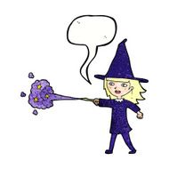 cartoon witch girl casting spell with speech bubble N21