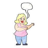 cartoon happy fat woman with speech bubble N6