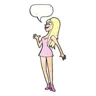 cartoon woman in pink dress with speech bubble N11