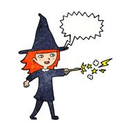 cartoon witch girl casting spell with speech bubble N22